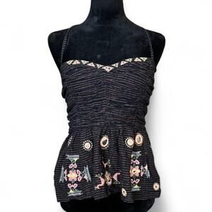 Y2K Smocked Black Embroidered Tank – boho floral cami S